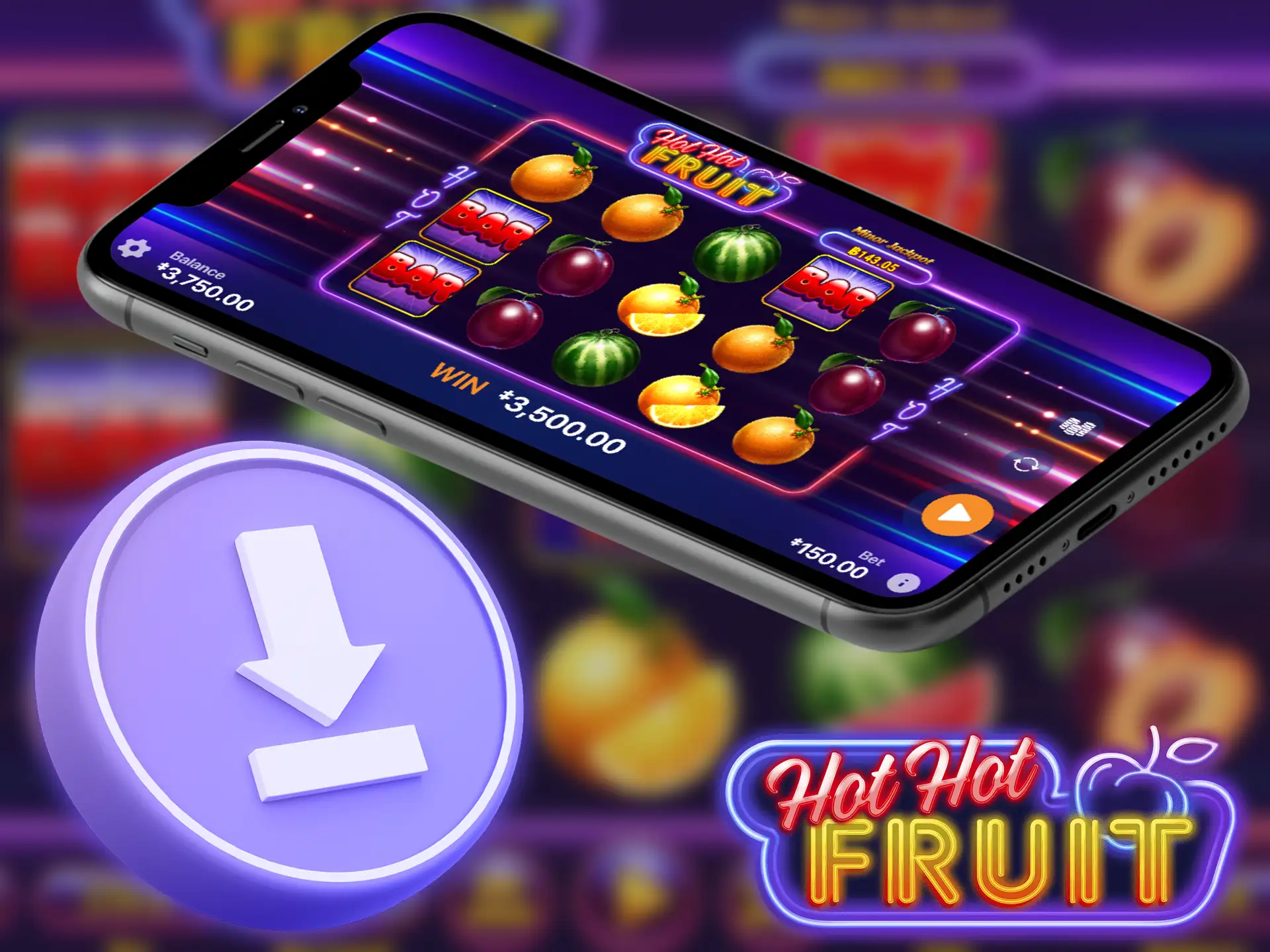 Instruction on how to download the Hot Hot Fruit app on Android and iOS.